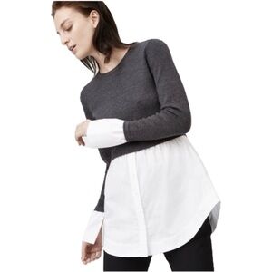 Club Monaco Berdine Knit Tunic Sweater Layered Shirt Cuff Charcoal Gray White XS